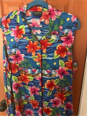 Women’s Avanti Blue Tropical Floral Sleeveless Button-Up Top size 1 x